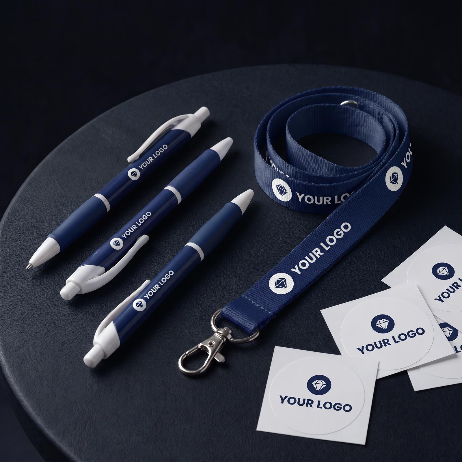 Pens, a lanyard and stickers with a client's logo