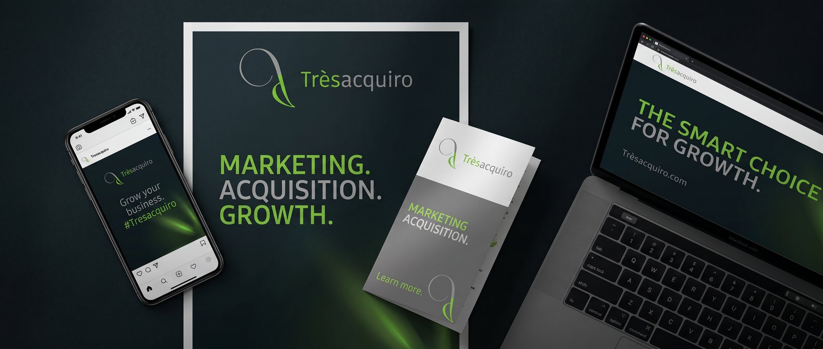 A month of marketing: poster, phone, flyer and laptop