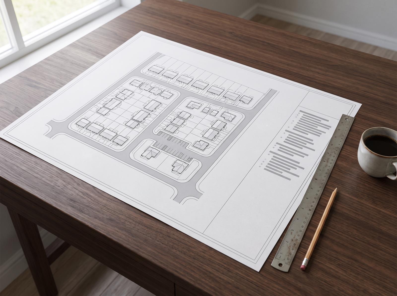A printed site plan drawing on a desk